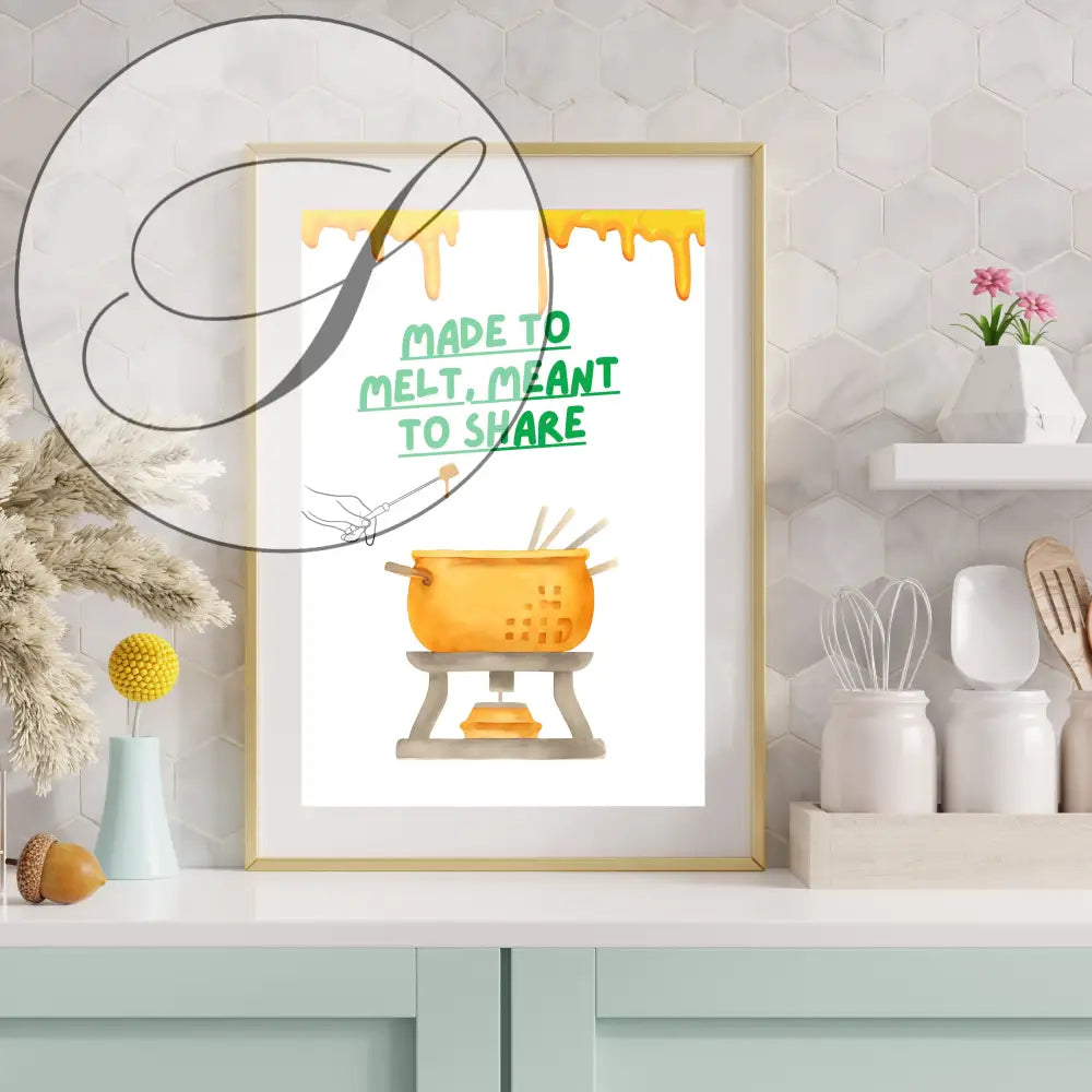Affiche culinaire fondue cadre aquarelle pot doré fromage jaune texte fait pour fondre fait pour partager décoration murale cuisine