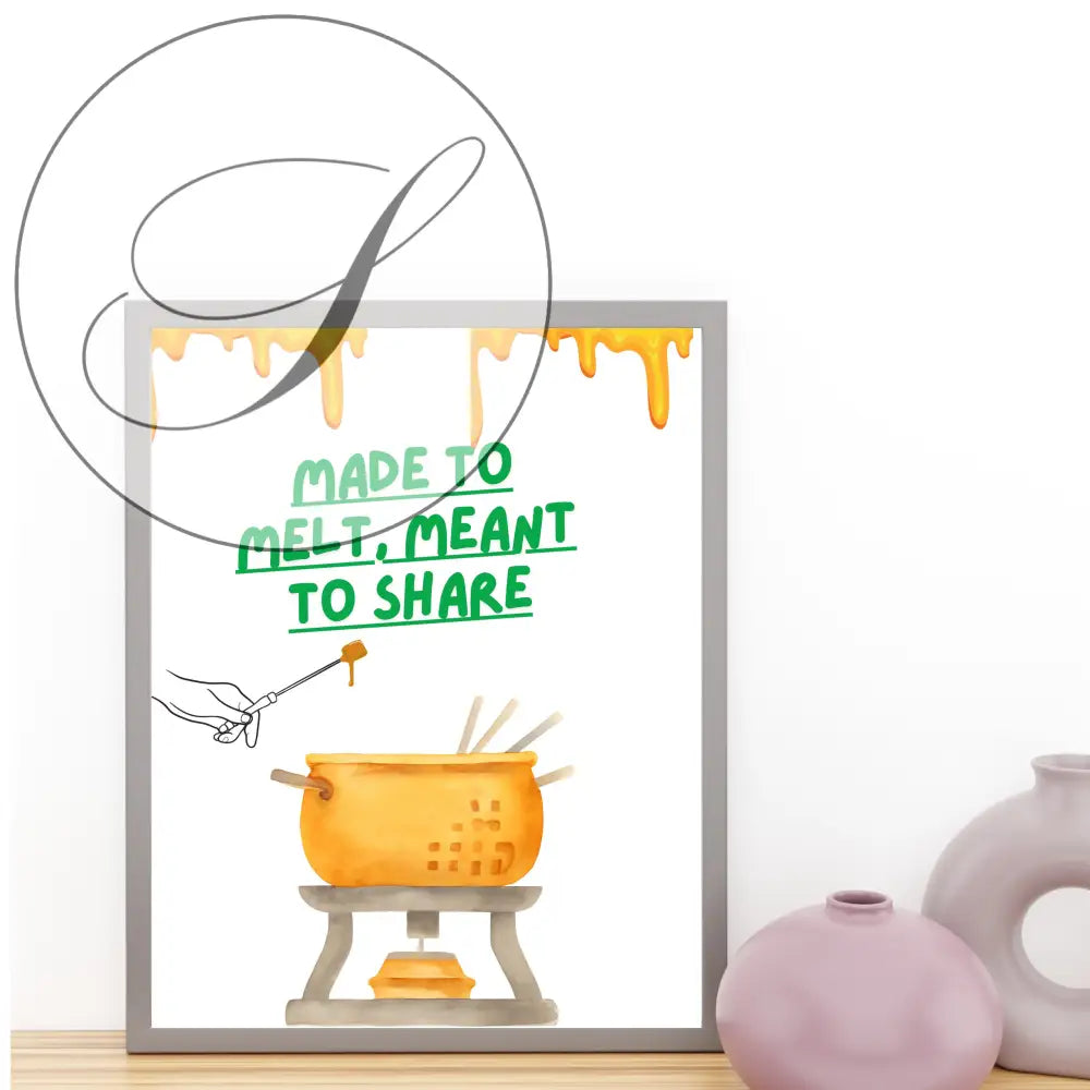 Affiche culinaire encadrée en aquarelle avec un caquelon jaune fondue et texte vert pour décoration cuisine conviviale