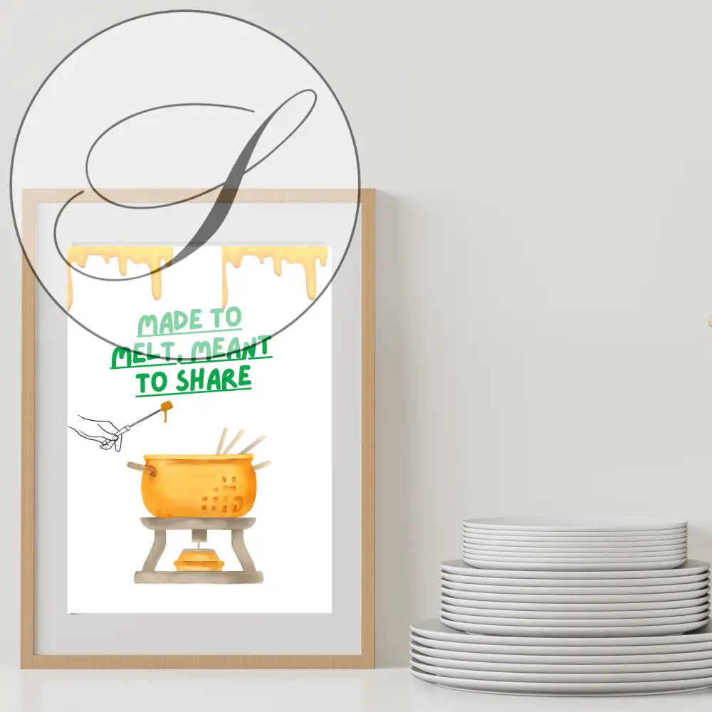 Affiche culinaire fondue avec illustration aquarelle pot à fromage jaune et texte vert pour décoration murale cuisine conviviale