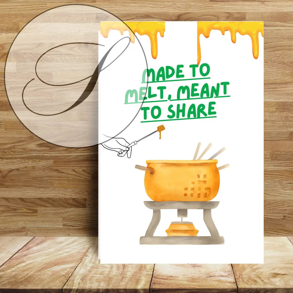 Affiche culinaire toile blanche avec illustration aquarelle de caquelon à fondue orange et texte vert fait pour fondre, fait pour partager