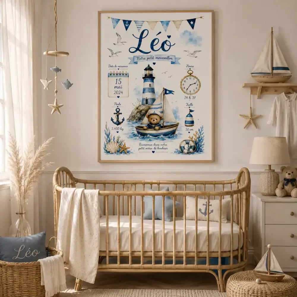 Affiche de naissance nautique cf avec phare rayé bleu blanc, voilier avec ours en peluche, oiseaux et détails bébé