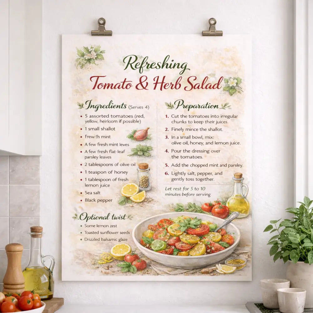 Illustration culinaire salade tomates anciennes citron huile olive