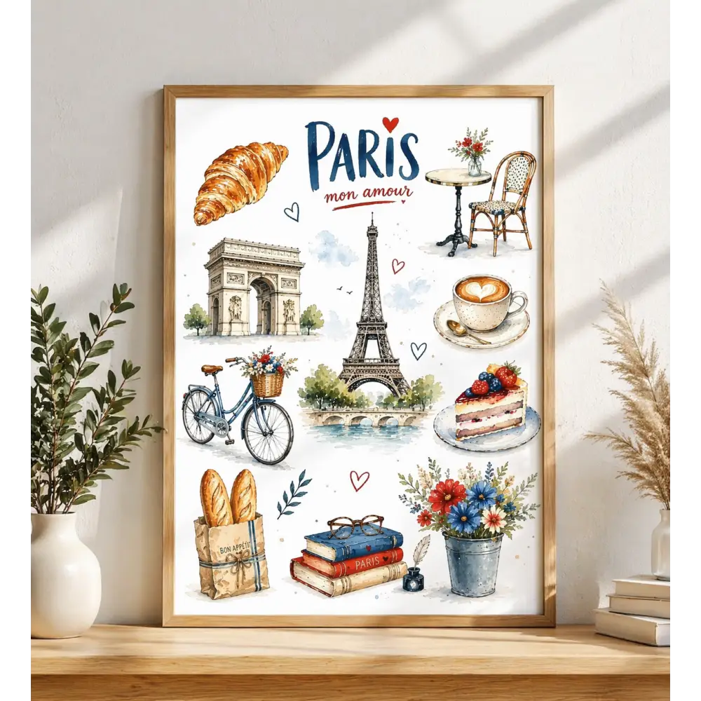 Affiche paris vintage décoration murale élégante avec illustrations aquarelles de paysages parisiens et viennoiseries