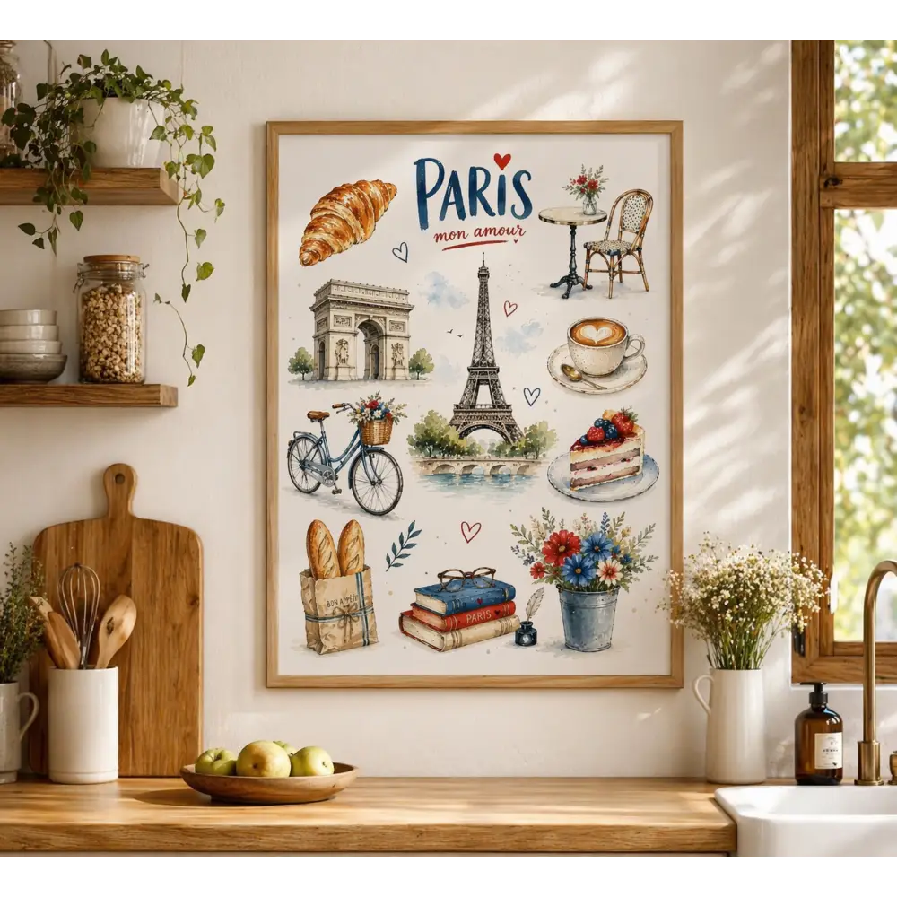 Affiche paris vintage chic avec illustrations aquarelles eiffel, arc de triomphe, viennoiserie et fleurs pour décoration murale élégante