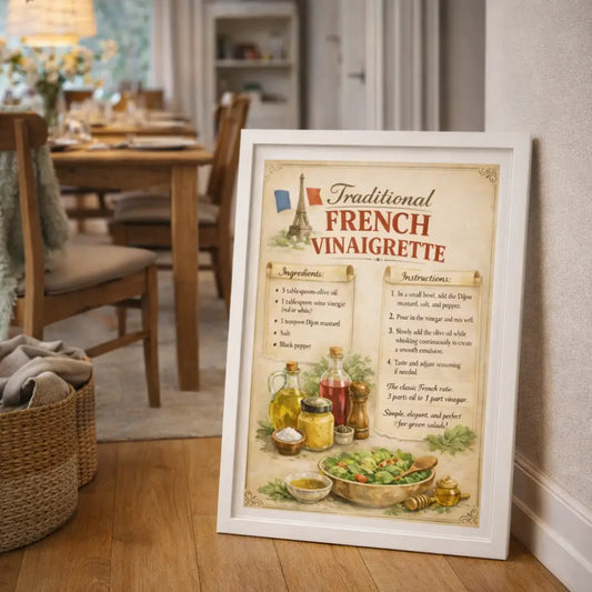 Affiche vintage français avec cadre en bois blanc présentant une recette traditionnelle de vinaigrette française et éléments décoratifs