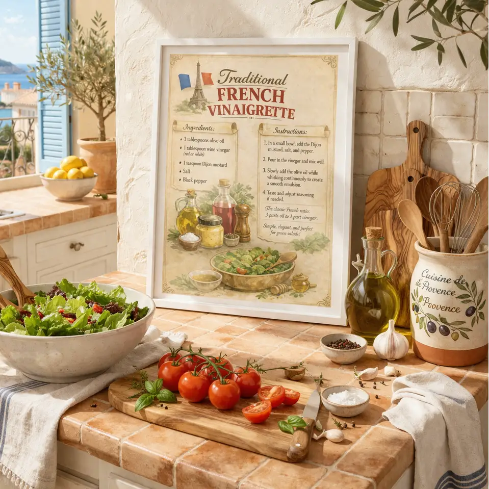 Ce poster vintage français avec cadre en bois présente une affiche beige illustrant la vinaigrette française traditionnelle