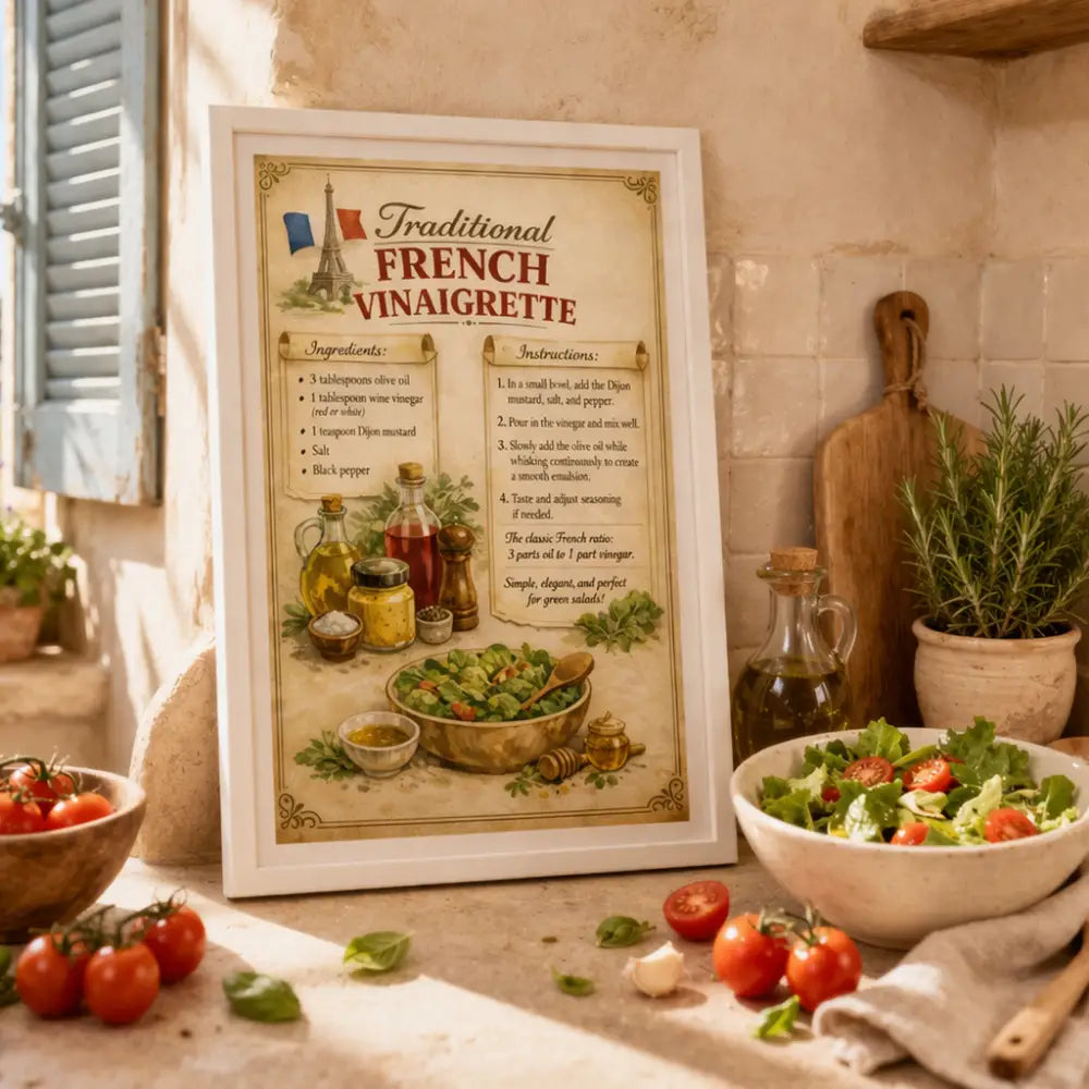 Affiche vintage avec cadre en bois présentant une recette traditionnelle française de vinaigrette et ses ingrédients