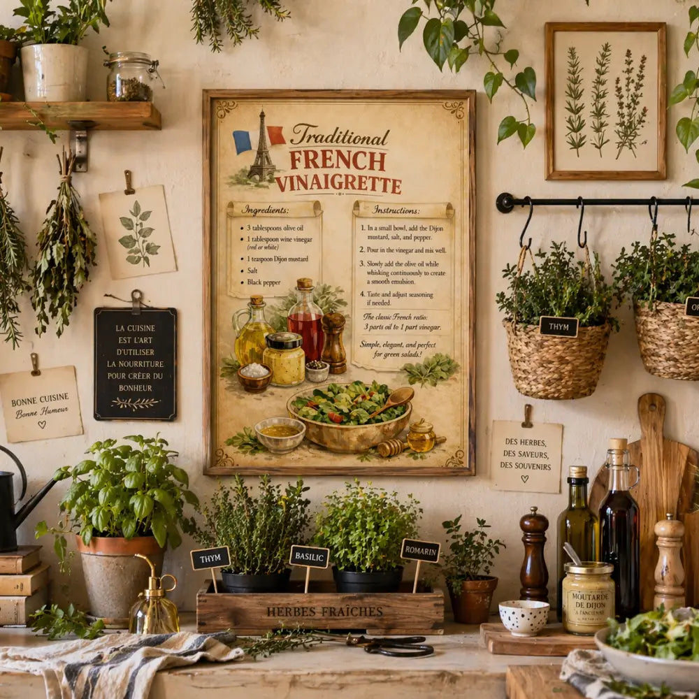 Ce poster vintage français présente une affiche recette vinaigrette traditionnelle sur fond beige avec cadre en bois