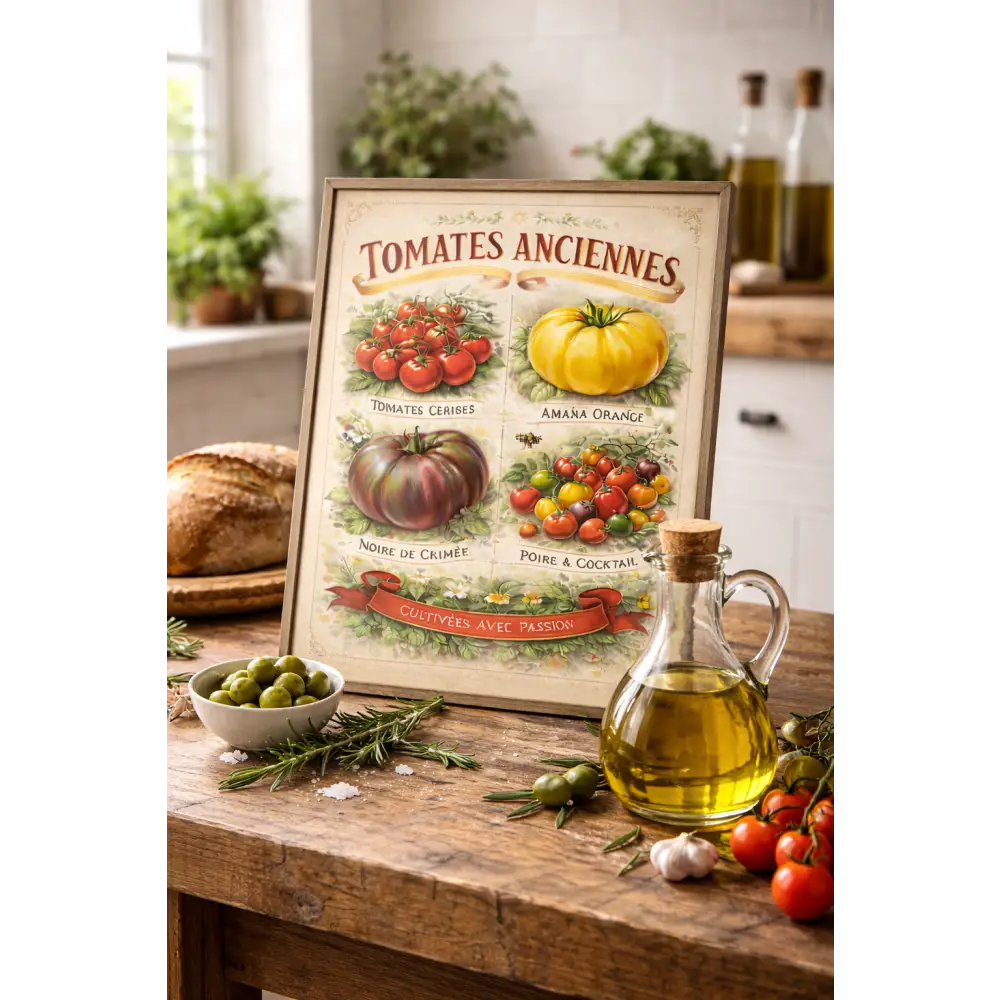 Affiche murale tomates anciennes colorées inspiration potager traditionnel