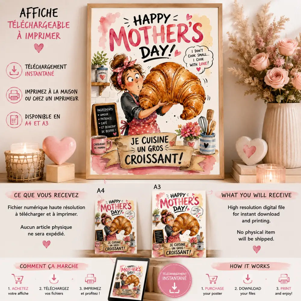 Affiche fête des mères charmante style aquarelle rose et beige avec femme en tablier tenant un croissant doré