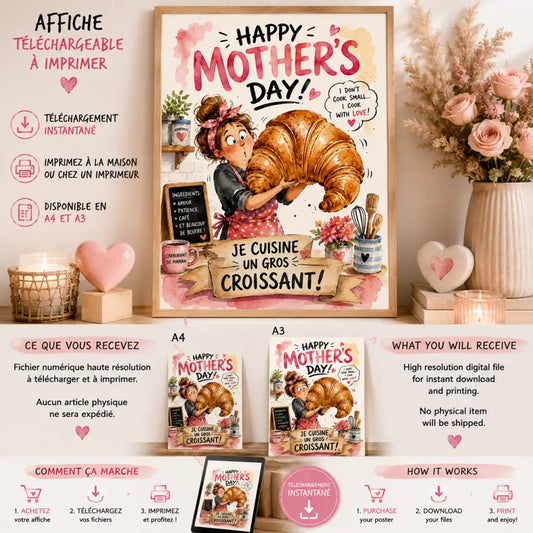 Affiche fête des mères charmante style aquarelle rose et beige avec femme en tablier tenant un croissant doré