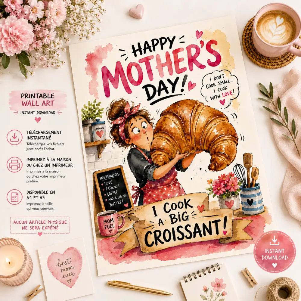 Illustration aquarelle d’une femme en tablier tenant un croissant géant doré sur fond rose avec accents floraux