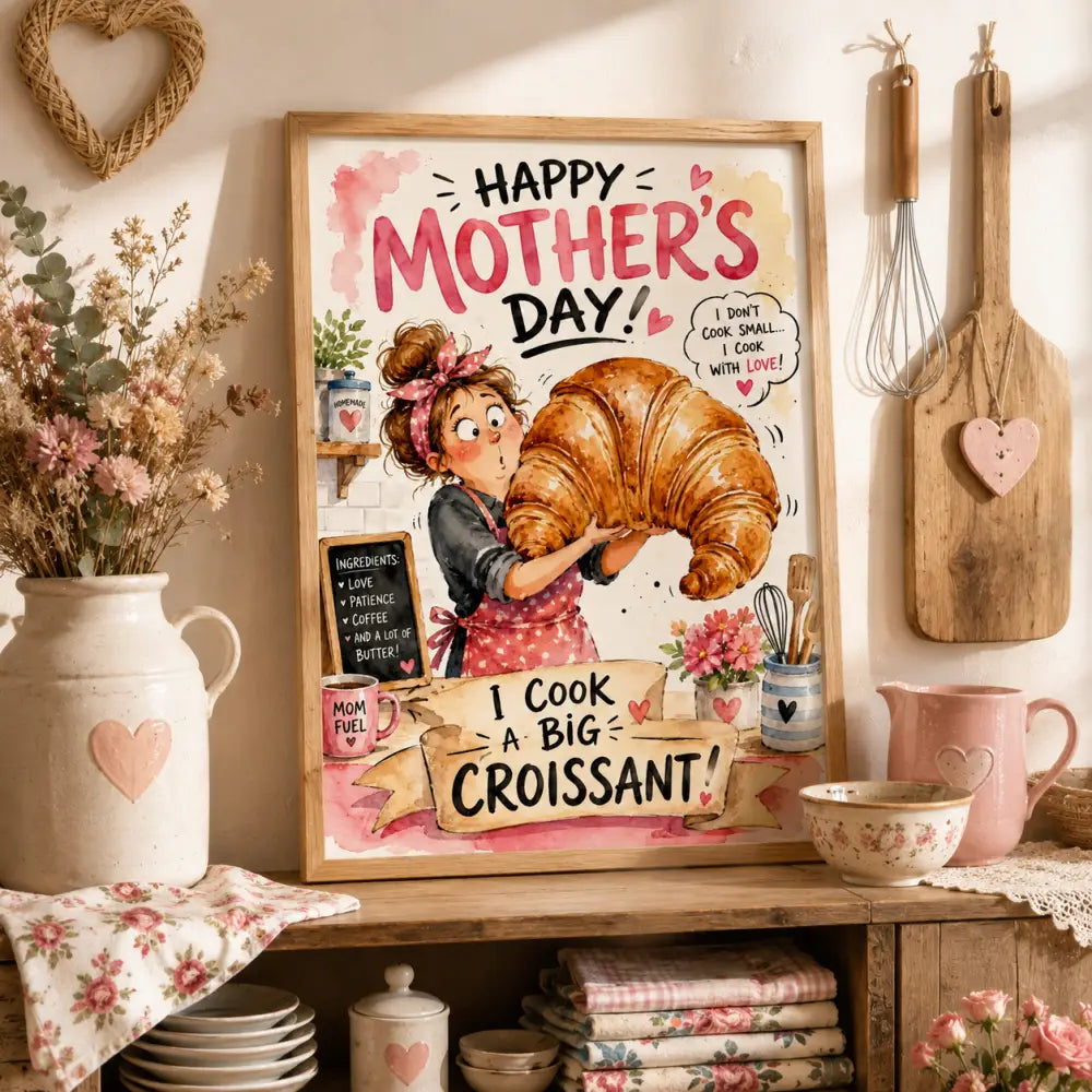 Affiche encadrée fête des mères avec dessin femme en tablier tenant un croissant doré et texte rose et noir