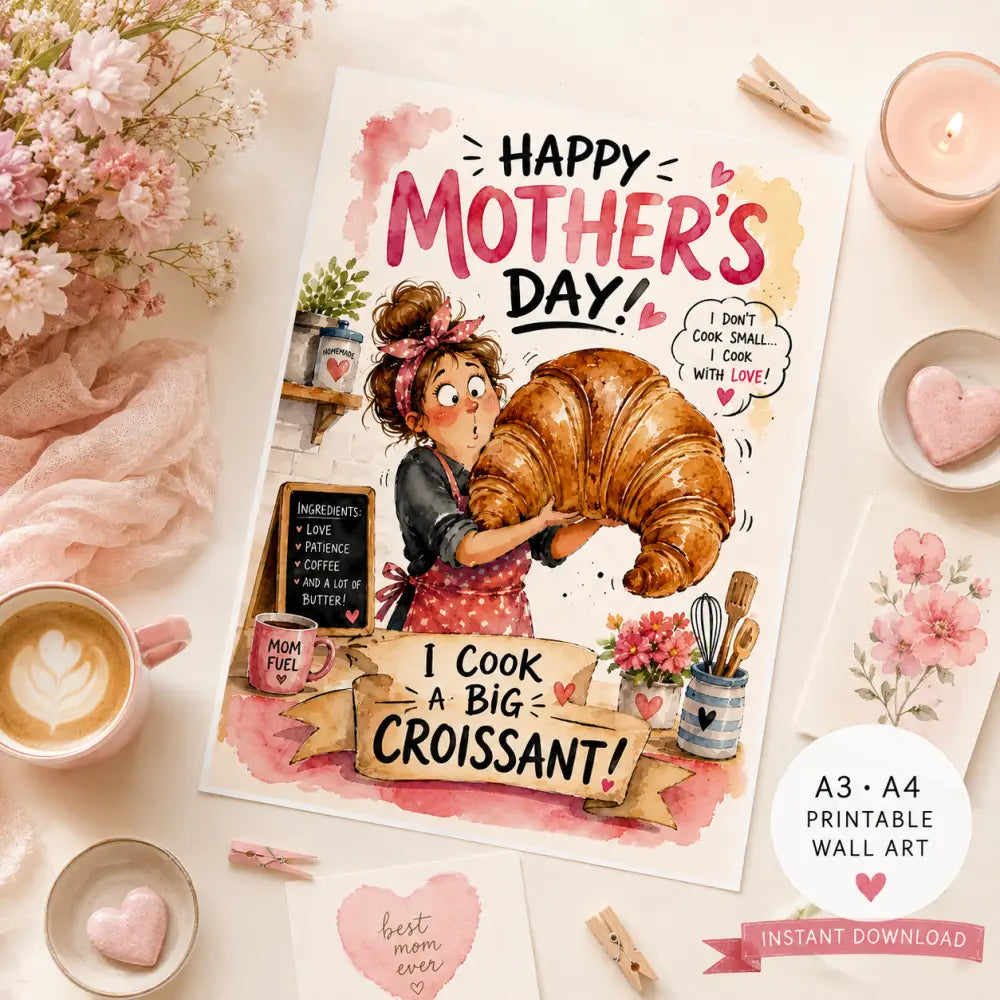 Illustration aquarelle d’une femme en tablier tenant un croissant doré entourée d’éléments de cuisine et fleurs roses