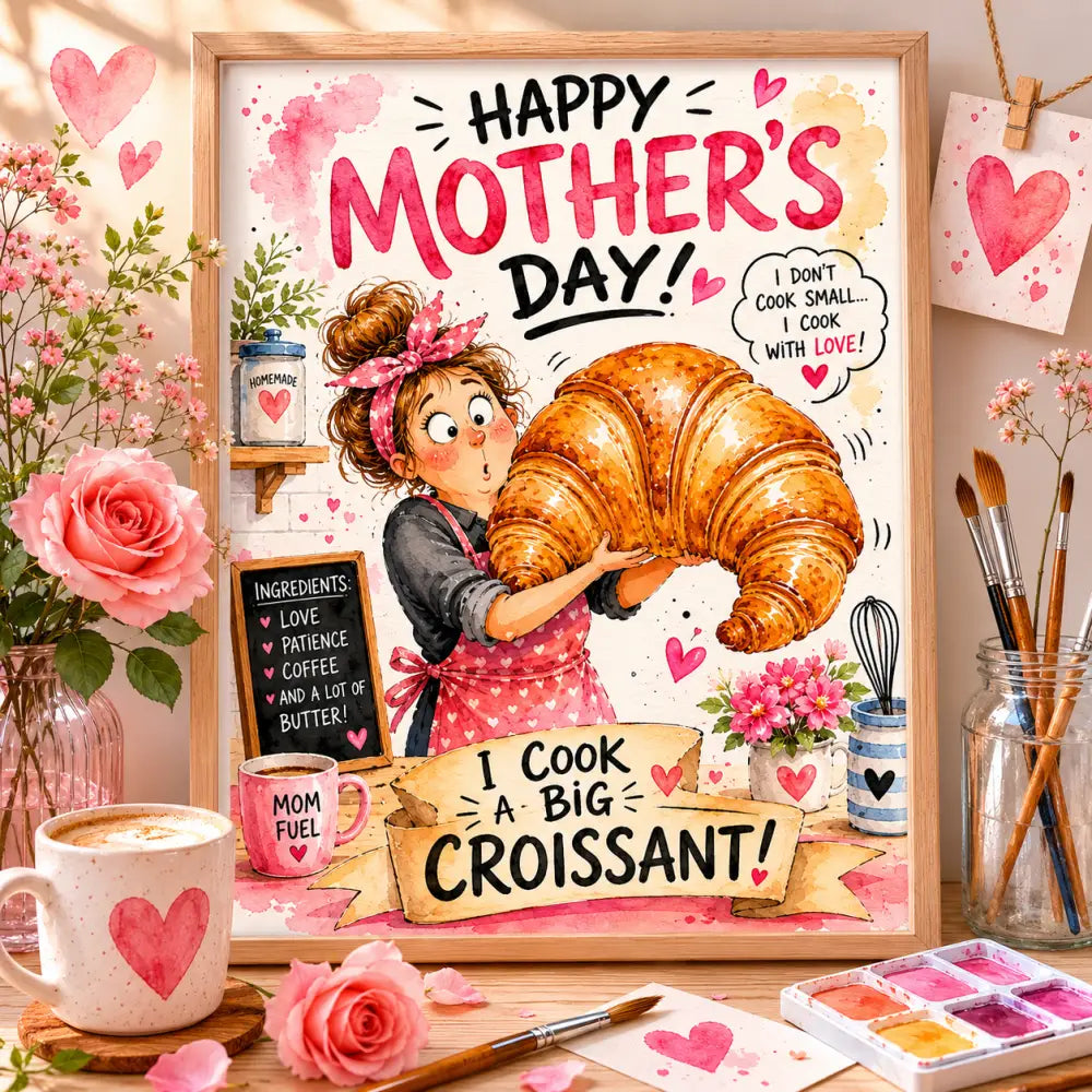 Illustration encadrée fête des mères femme en tablier tenant un grand croissant doré entourée de coeurs roses