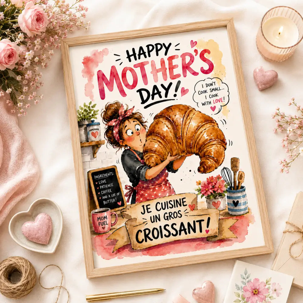 A framed watercolor illustration of a cartoon woman in apron holding a large croissant with happy mother’s day text