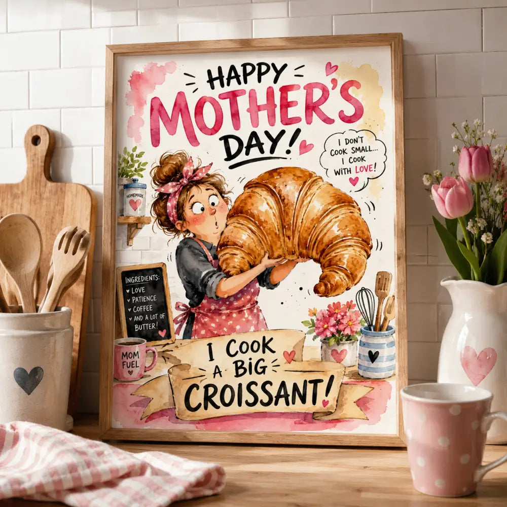 Affiche encadrée en aquarelle avec cadre en bois montrant une femme en tablier tenant un grand croissant doré pour la fête des mères