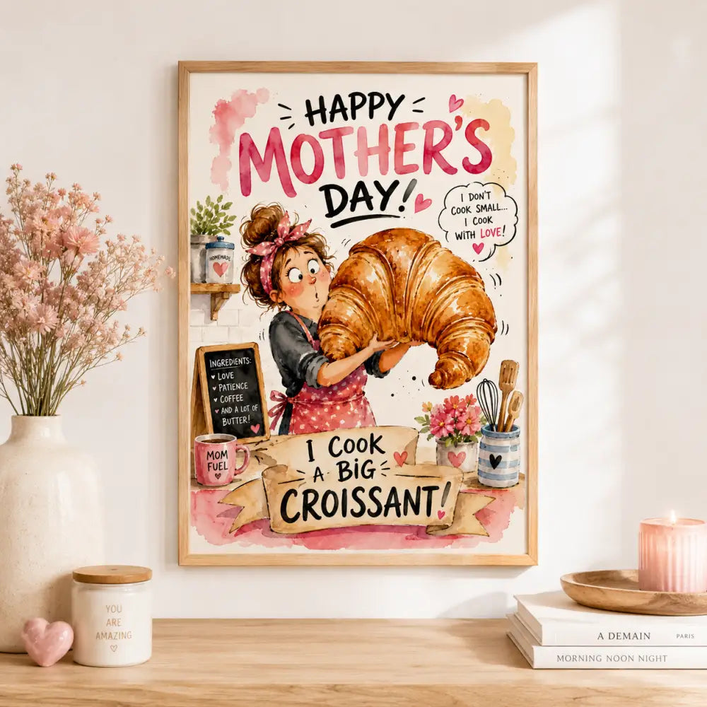Un poster aquarelle encadré avec une femme en tablier tenant un croissant doré pour la fête des mères