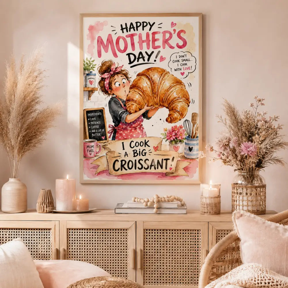 Affiche encadrée joyeux fête des mères avec une femme en tablier tenant un croissant doré décorée de fleurs et ustensiles