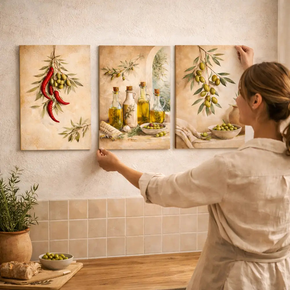 Affiche cuisine vintage lot 3 posters triptyque rustique olives et piments décoration murale cuisine moderne