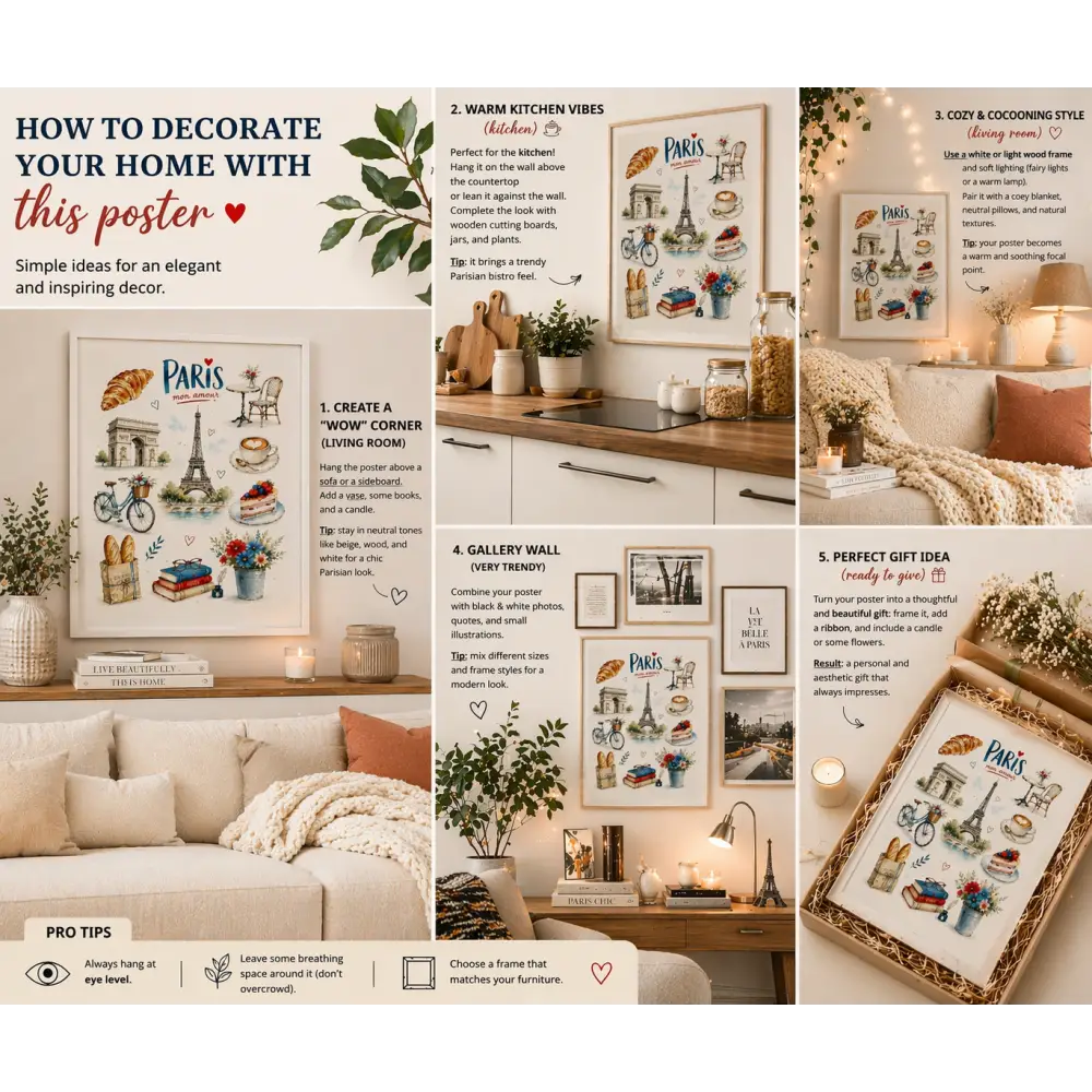 Affiche paris vintage en design viennoiserie avec tour eiffel et croissants aquarelle pour décoration murale élégante