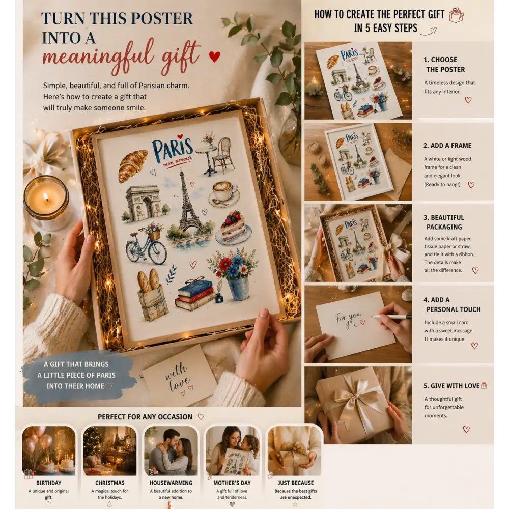 Affiche design viennoiserie paris vintage en aquarelle encadrée en bois clair pour décoration murale élégante et cadeau unique
