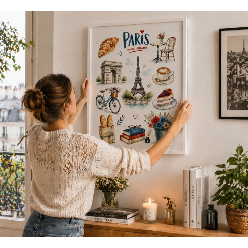 Affiche paris vintage en cadre blanc avec décorations murales élégantes d illustration aquarelle du eiffel tower croissants café et livres