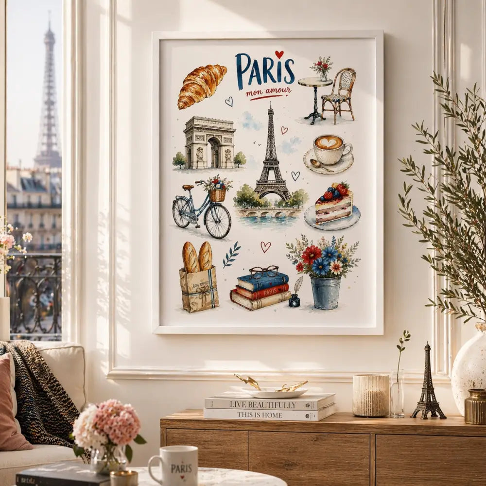 Affiche paris vintage dans un cadre blanc avec décoration murale élégante featuring tour eiffel croissants coffee and books