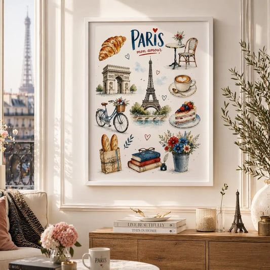 Affiche paris vintage dans un cadre blanc avec décoration murale élégante featuring tour eiffel croissants coffee and books
