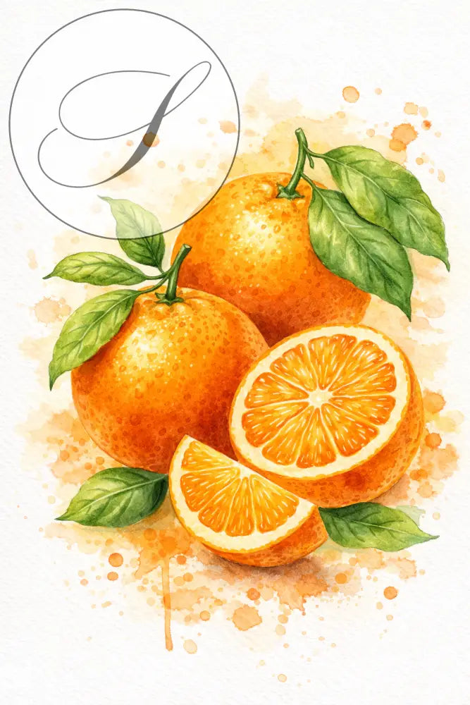 Affiche a imprimer orange décorative en aquarelle avec fruits agrumes orange vif et feuilles vertes pour cuisine