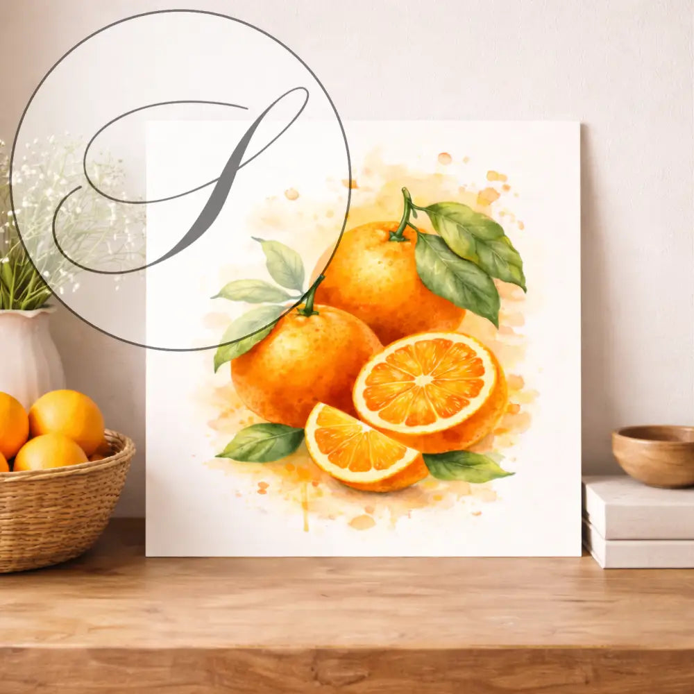 Affiche a imprimer poster fruits aquarelle orangers orange decoratif avec feuilles vertes sur fond blanc pour cuisine
