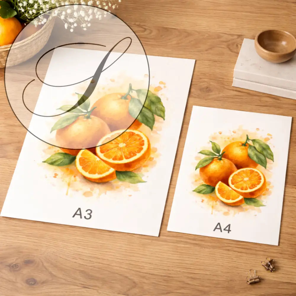 Affiche a imprimer de poster fruits aquarelle avec impressions oranges en tons vifs orange et vert sur papier blanc