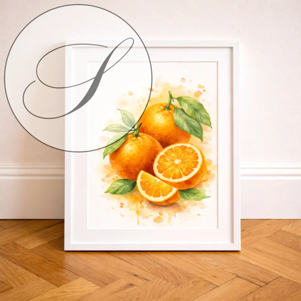 Affiche à imprimer avec fruits agrumes orange vibrants en aquarelle encadrée pour décoration murale cuisine