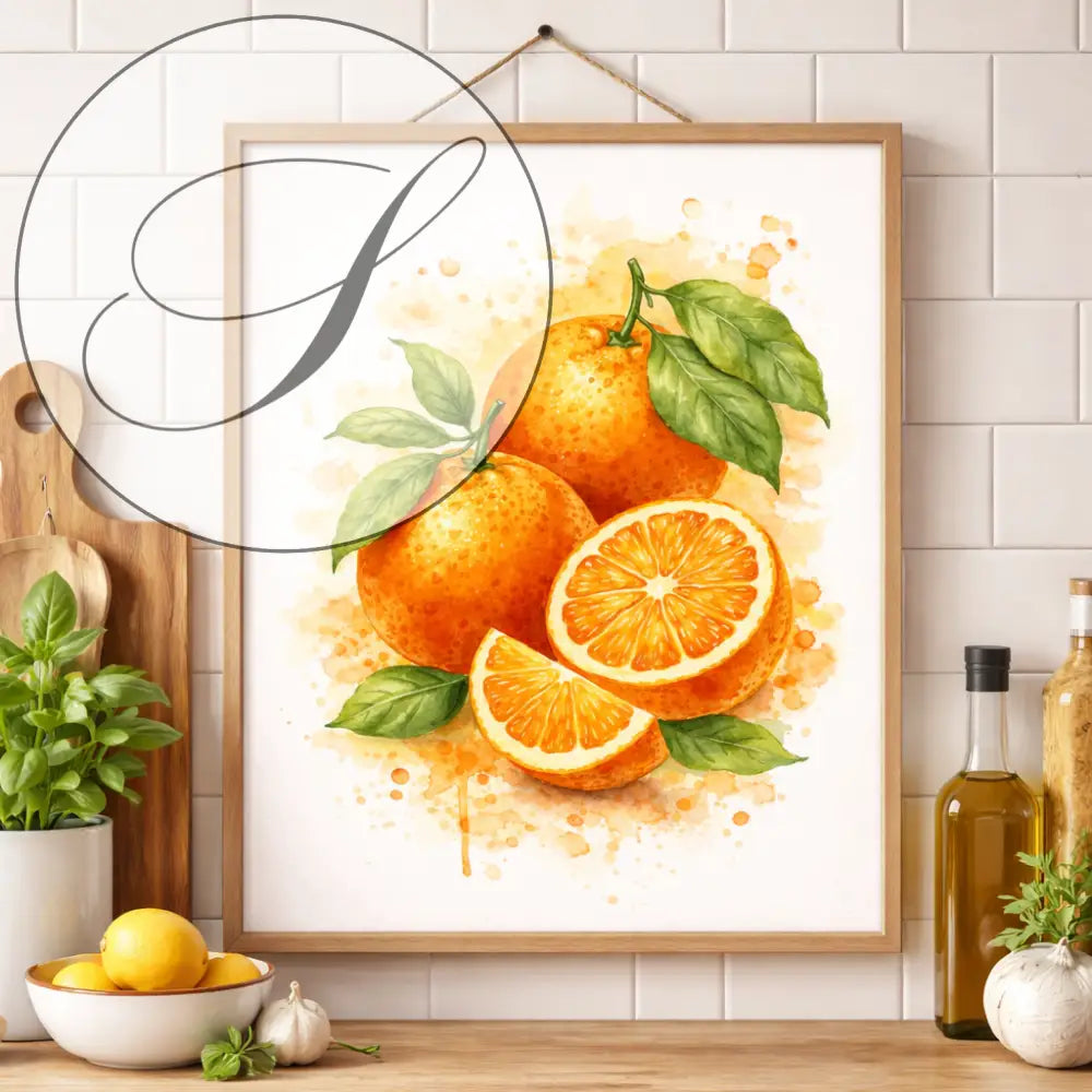 Affiche à imprimer décorative avec fruits orange aquarelle encadrée en bois clair pour décoration murale cuisine