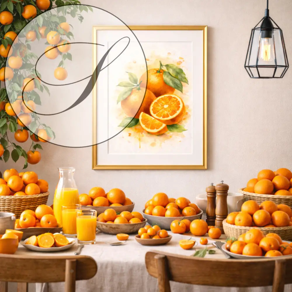 Affiche a imprimer d un poster fruits aquarelle avec oranges vibrantes et feuilles vertes encadrée en or pour cuisine
