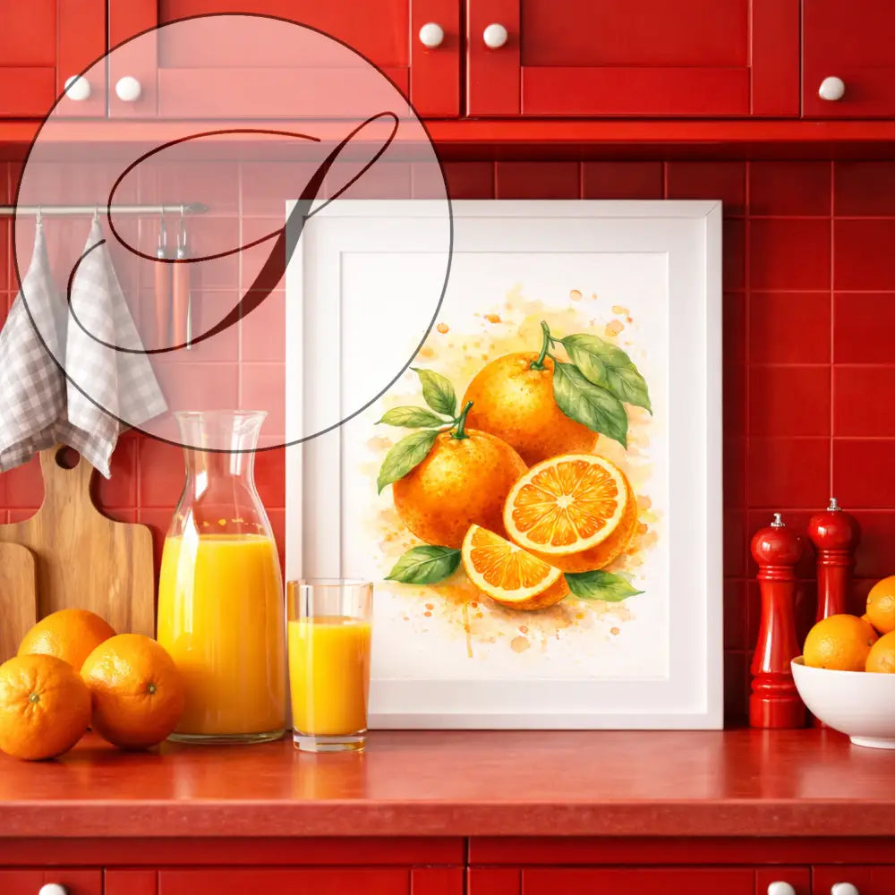 Affiche a imprimer orange décorative en aquarelle avec fruits agrumes vibrants sur comptoir de cuisine rouge
