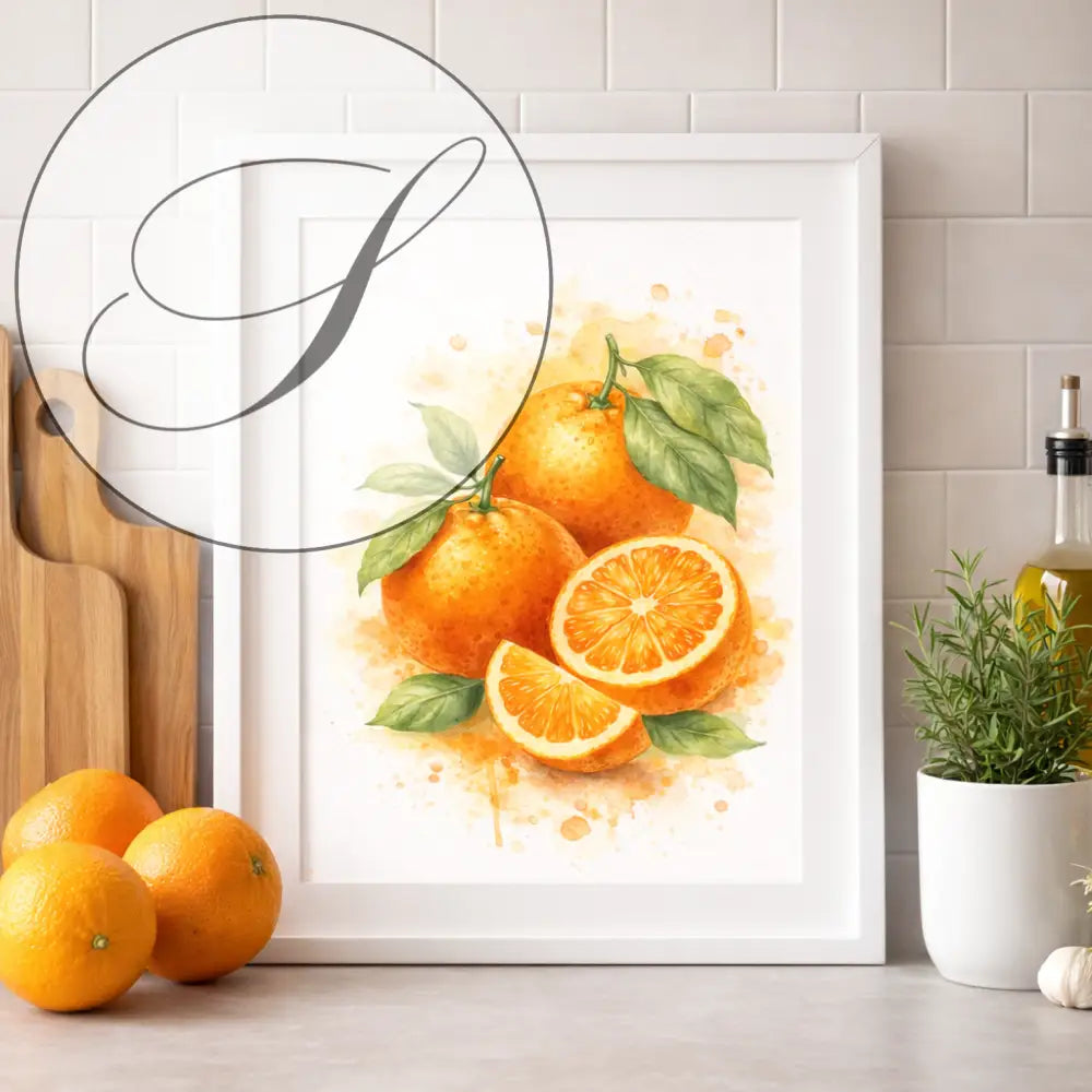 Affiche a imprimer d une aquarelle décorative de fruits oranges vifs avec feuilles vertes encadrée en blanc pour cuisine
