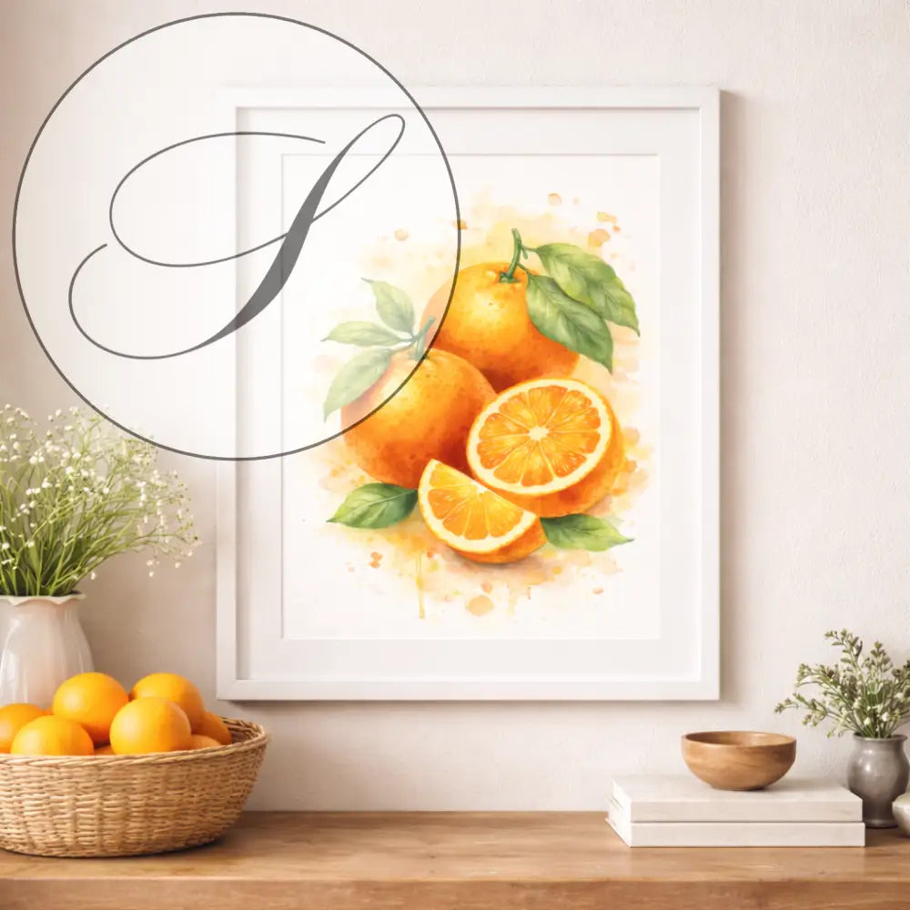 Affiche a imprimer de fruits agrumes orange vif en aquarelle encadrée en blanc pour décoration murale cuisine