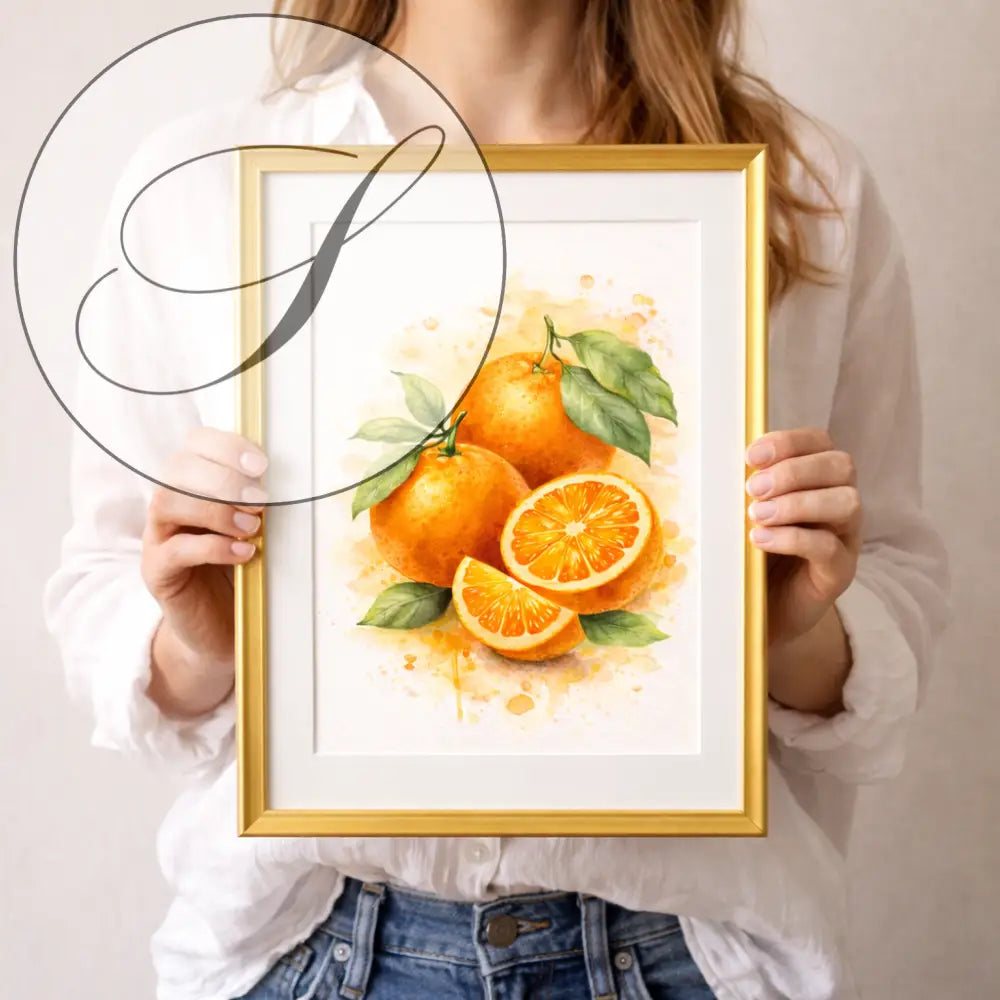 Affiche a imprimer représentant un poster aquarelle de fruits orange vibrants avec cadre doré pour décoration cuisine