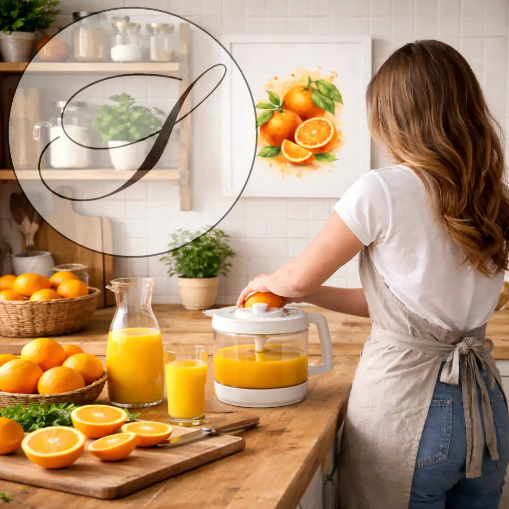 Affiche a imprimer avec extracteur de jus electrique blanc et pichet transparent pour decor de cuisine agrumes