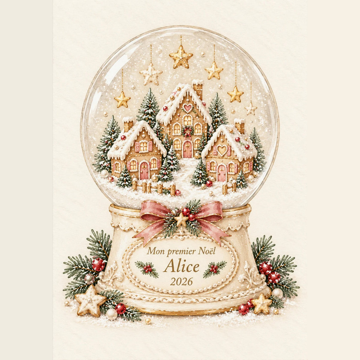 Affiche Mon premier Noël personnalisée : boule à neige avec maisons en pain d'épices, prénom et année