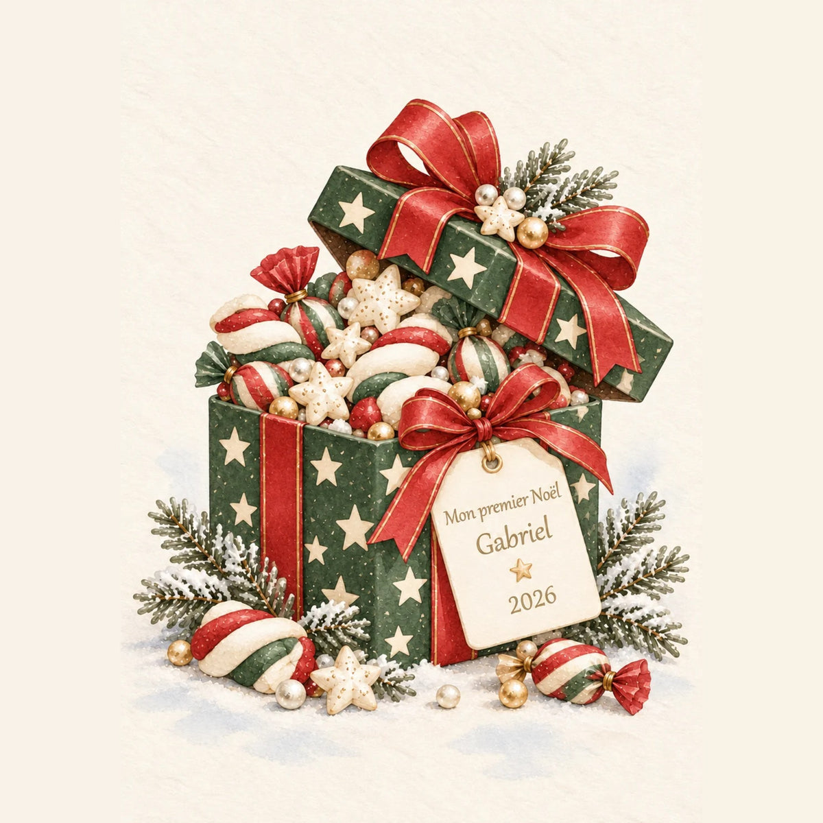 Affiche Mon premier Noël personnalisée : boîte cadeau verte remplie de bonbons avec prénom et année