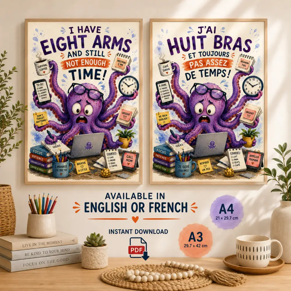 Affiche ff avec pieuvre violette lunettes huit bras multitâche objets de bureau