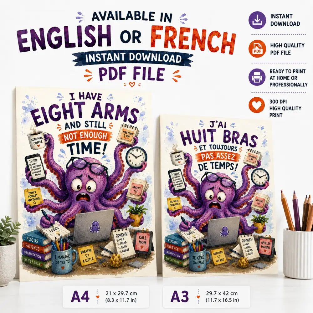 Illustration de pieuvre cartoon violette avec plusieurs bras tenant des objets de bureau et phrases motivantes sur ff