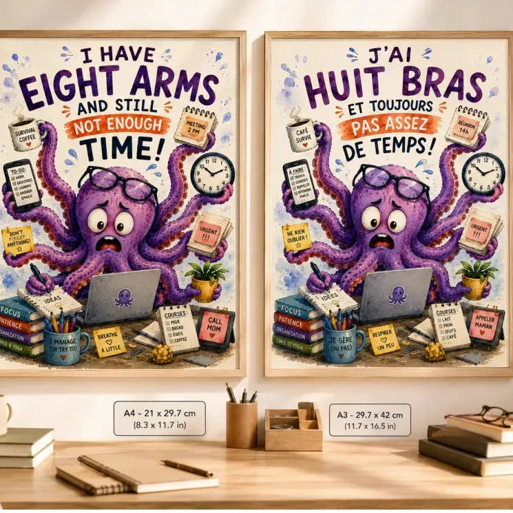 Affiche thème pieuvre violette avec lunettes et bras multiples tenant des objets de bureau encadrée en bois clair