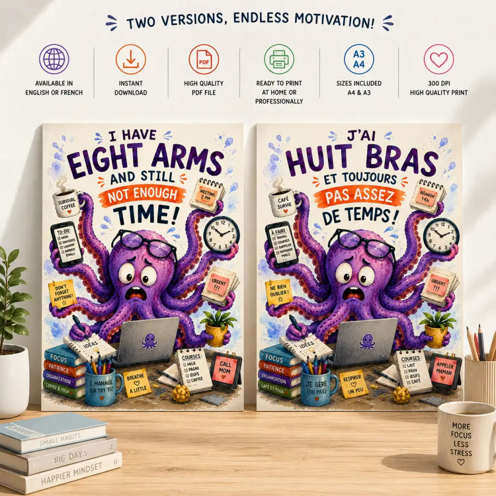 Purple octopus-themed motivational canvas print with multiple arms holding office items and bilingual text in english and french