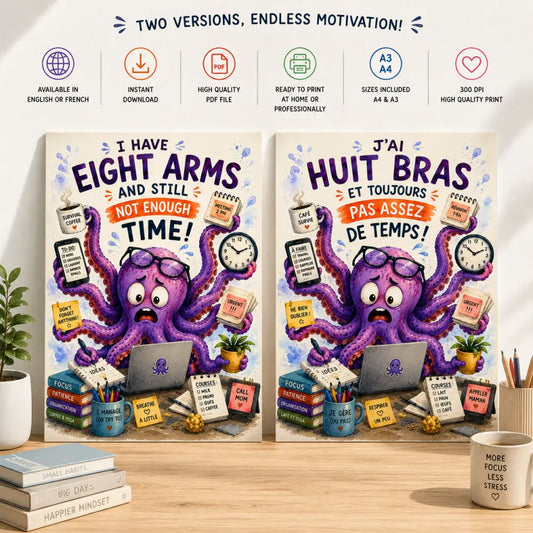 Purple octopus-themed motivational canvas print with multiple arms holding office items and bilingual text in english and french
