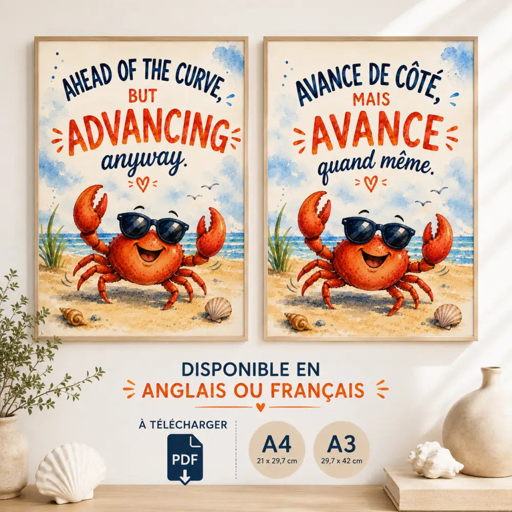 Deux affiches encadrées tt avec un crabe rouge souriant portant des lunettes de soleil sur une plage cartoon