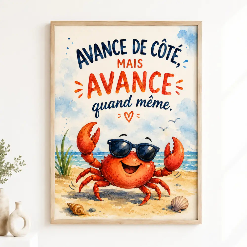 Affiche encadrée tt avec crabe orange joyeux en lunettes noires et phrase avance de côté mais avance quand même