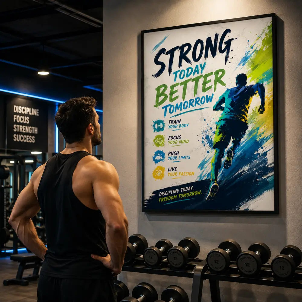 Un poster encadré ggg avec texte fort today better tomorrow et silhouette de coureur sur fond bleu jaune vif